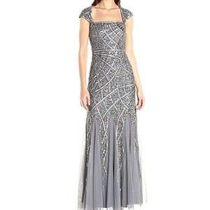 Adrianna Papell Long Beaded Mesh Dress Womens 10 Sterling Grey Silver $298